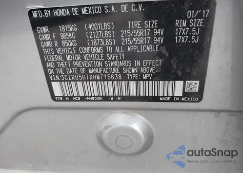 2017 Honda Hr-V Ex-L z USA, uszkodzony, nr VIN 3CZRU5H7XHM715638